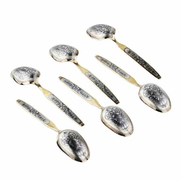 Six gilded, silver, dessert spoons with a niello pattern. USSR. 1960-80s 