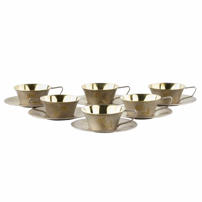 Six silver cups with saucers, gilded and engraved. USSR. 1960-80s 