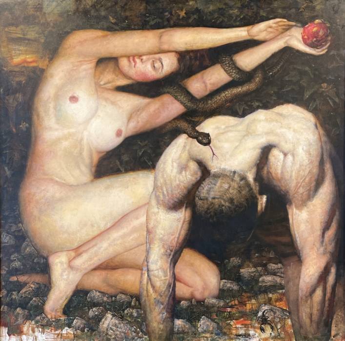 Overpainted giclée print on canvas, Adam and Eve. 2023. By Kartashov Andrey, Russia, 21st century. 1 of 15 Tinted print.