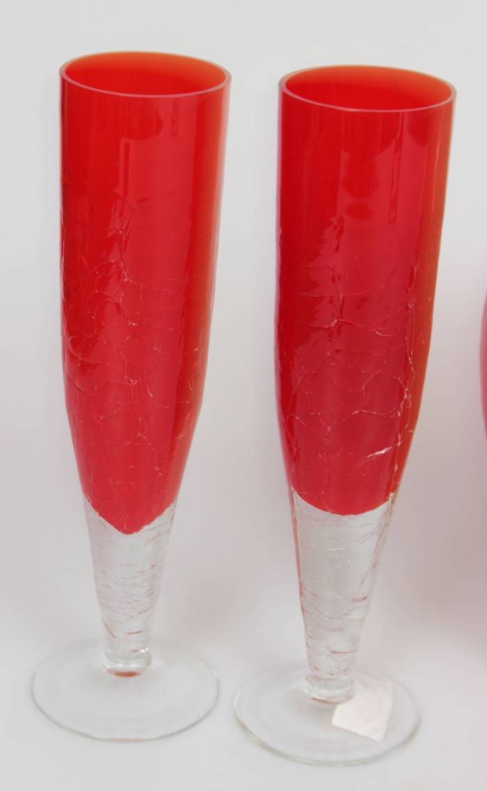 Red glass decanter with five glasses