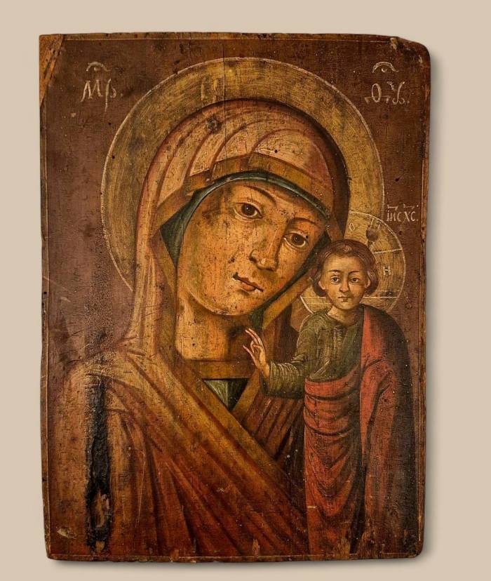 Virgin of Kazan, Russian Icon, Oil on Wood Panel, 19th century