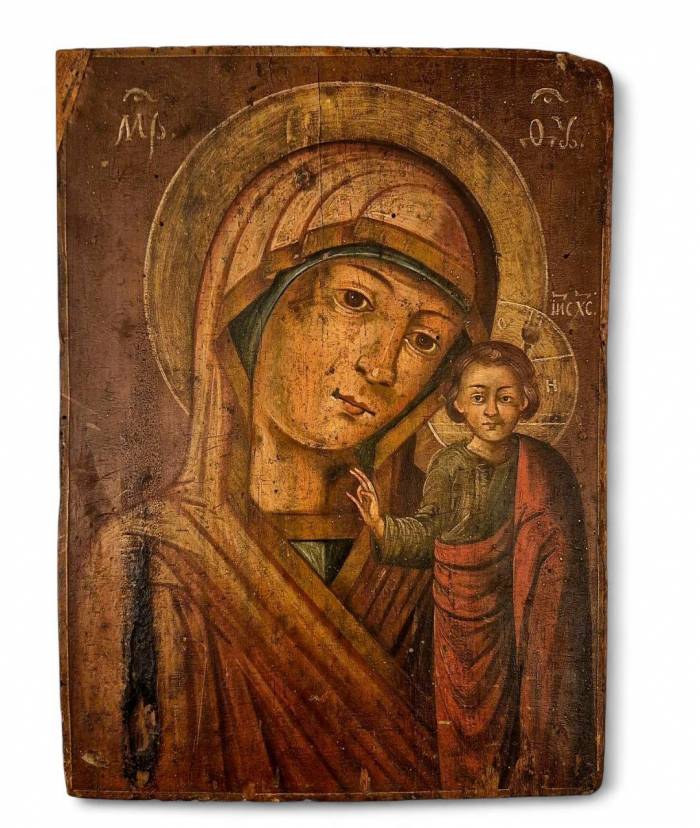 Virgin of Kazan, Russian Icon, Oil on Wood Panel, 19th century