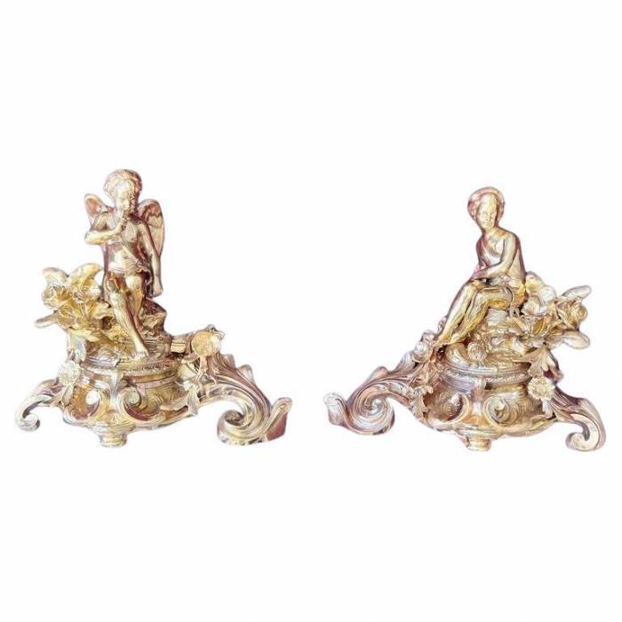 Pair Of Napoleon III Period Gilt Bronze Putti Andirons, 19th century