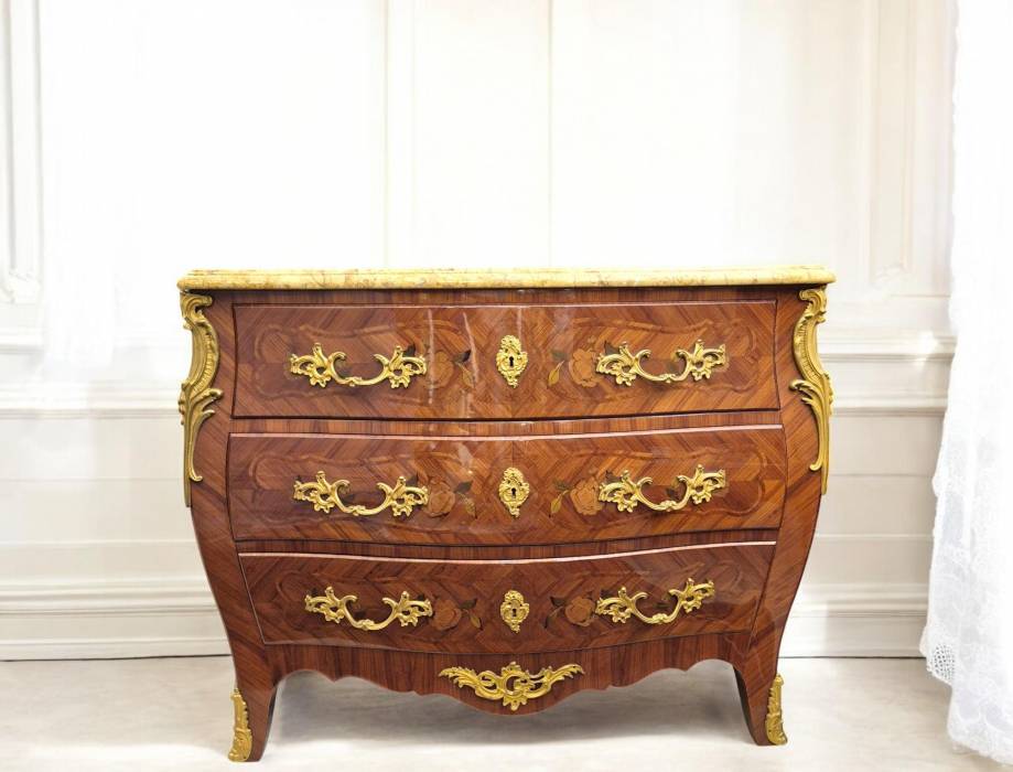 Louis XV style marquetry and marble chest of drawers, France, Early 20th century