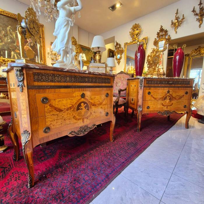 Pair of commodes in the Louis XV style, marquetry and gilt bronze, 19th century