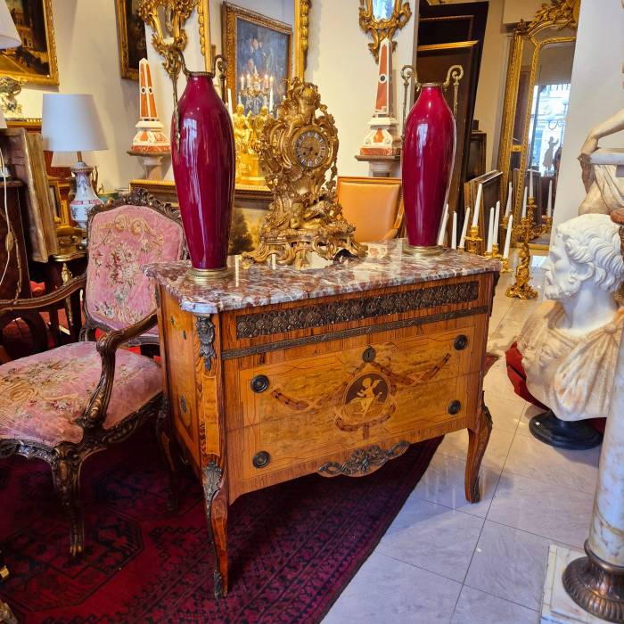 Pair of commodes in the Louis XV style, marquetry and gilt bronze, 19th century