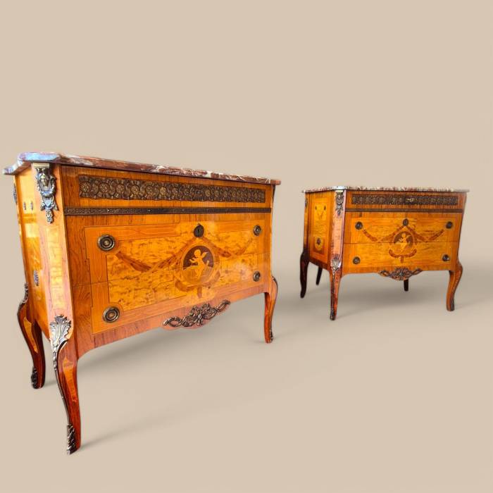 Pair of commodes in the Louis XV style, marquetry and gilt bronze, 19th century