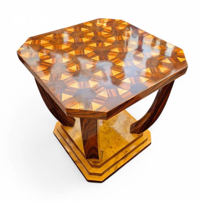 Art Deco style pedestal table with wooden marquetry, circa 1980