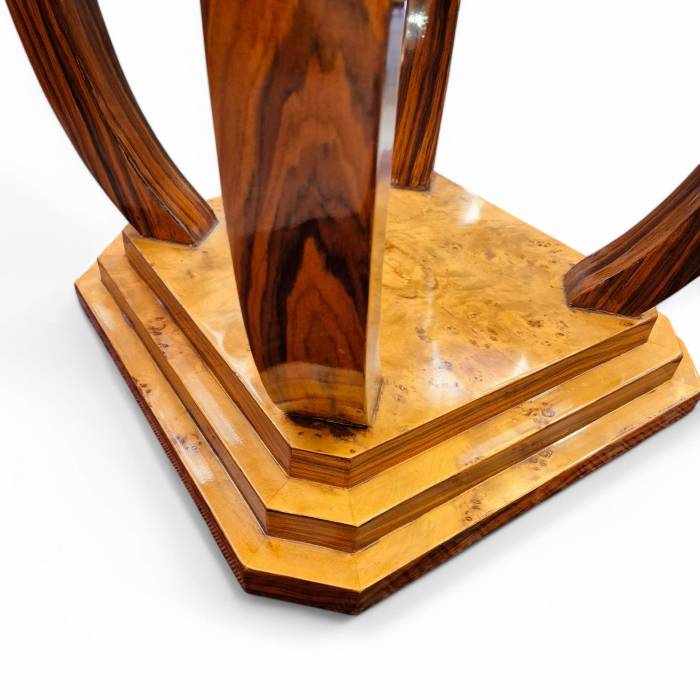 Art Deco style pedestal table with wooden marquetry, circa 1980