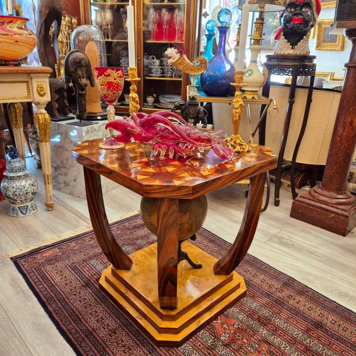 Art Deco style pedestal table with wooden marquetry, circa 1980