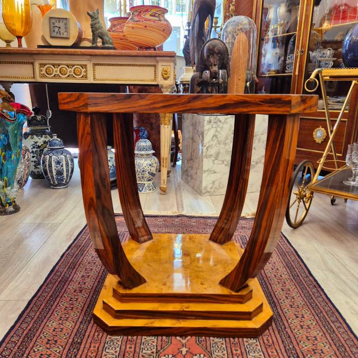 Art Deco style pedestal table with wooden marquetry, circa 1980