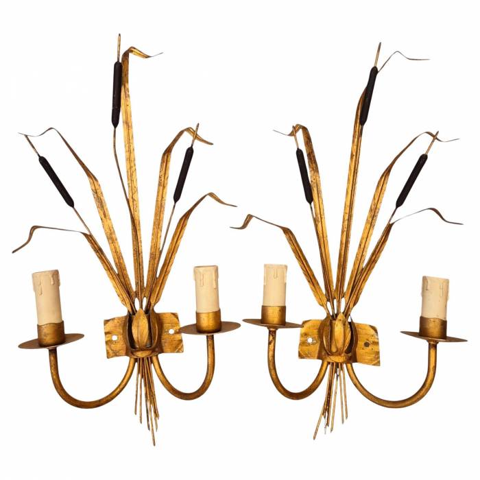 Pair of two-light gilded metal Roseaux sconces, Ferro Art, circa 1960