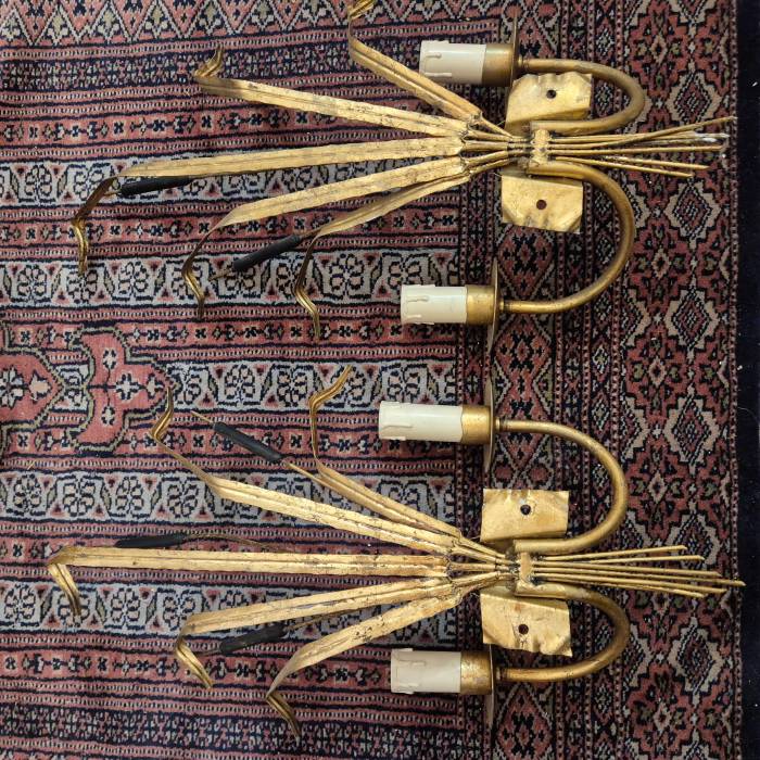 Pair of two-light gilded metal Roseaux sconces, Ferro Art, circa 1960