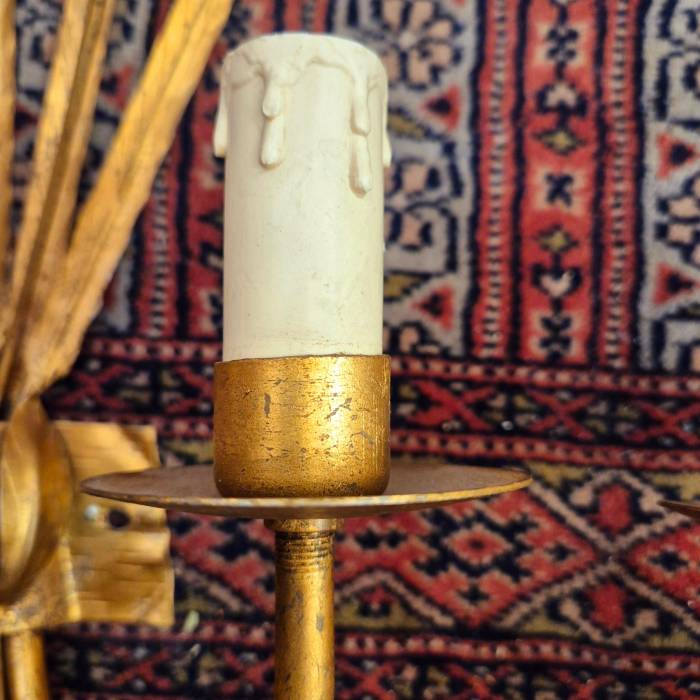 Pair of two-light gilded metal Roseaux sconces, Ferro Art, circa 1960