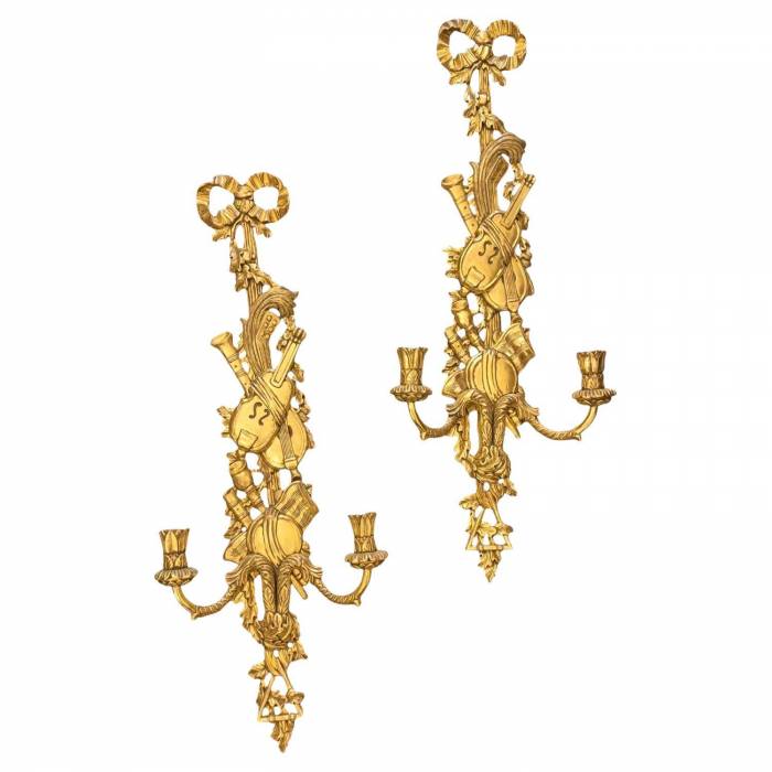 Pair of two-light gilded wood wall sconces in the Louis XVI style, 19th century