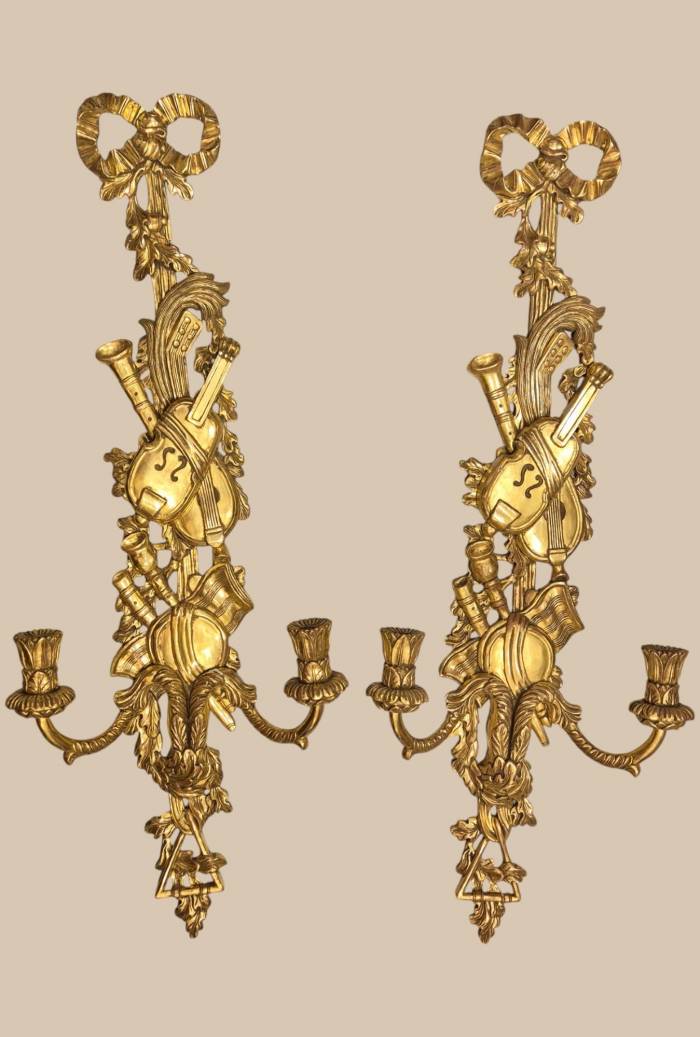 Pair of two-light gilded wood wall sconces in the Louis XVI style, 19th century