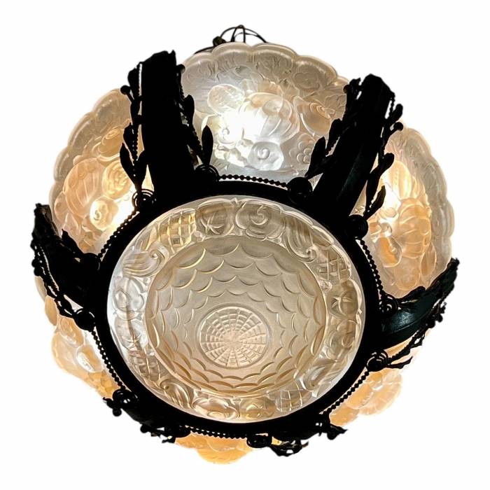 Rare And Large Glass Plaque Chandelier, Val Saint Lambert, Art Deco Period, 1930