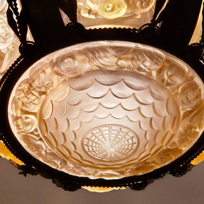 Rare And Large Glass Plaque Chandelier, Val Saint Lambert, Art Deco Period, 1930