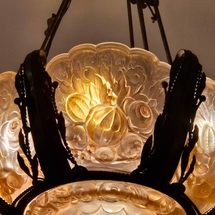 Rare And Large Glass Plaque Chandelier, Val Saint Lambert, Art Deco Period, 1930