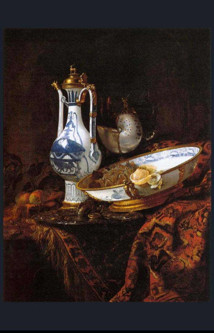 Still Life With Porcelain And Black Grapes Signed By Artist Sie G, 1997