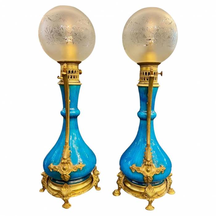 Pair Of Blue-glazed earthenware lamps in the Théodore Deck style, 19th century