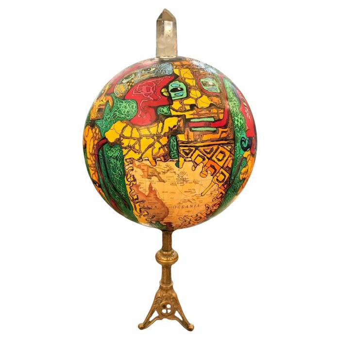 Painted Globe with a Rock Crystal and a Base in Gilt Bronze