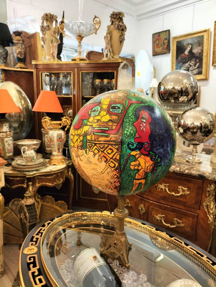 Painted Globe with a Rock Crystal and a Base in Gilt Bronze
