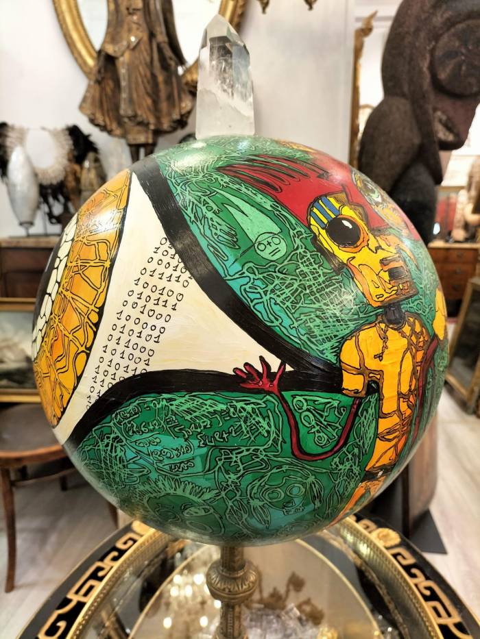 Painted Globe with a Rock Crystal and a Base in Gilt Bronze