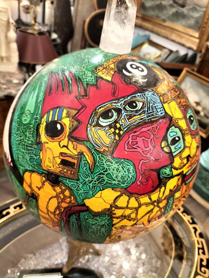 Painted Globe with a Rock Crystal and a Base in Gilt Bronze