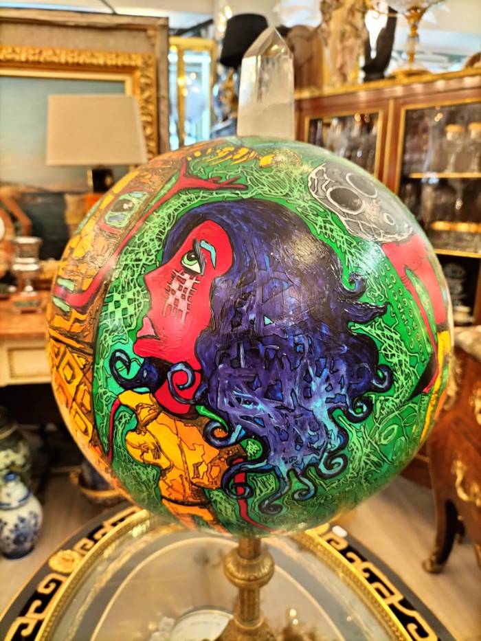 Painted Globe with a Rock Crystal and a Base in Gilt Bronze