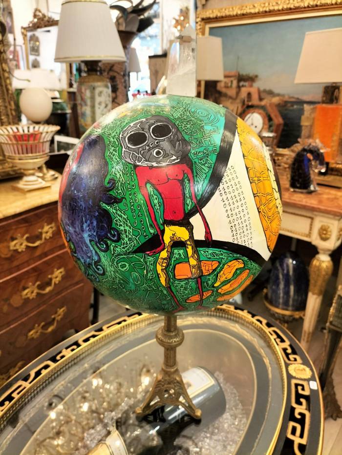 Painted Globe with a Rock Crystal and a Base in Gilt Bronze