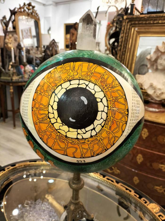 Painted Globe with a Rock Crystal and a Base in Gilt Bronze