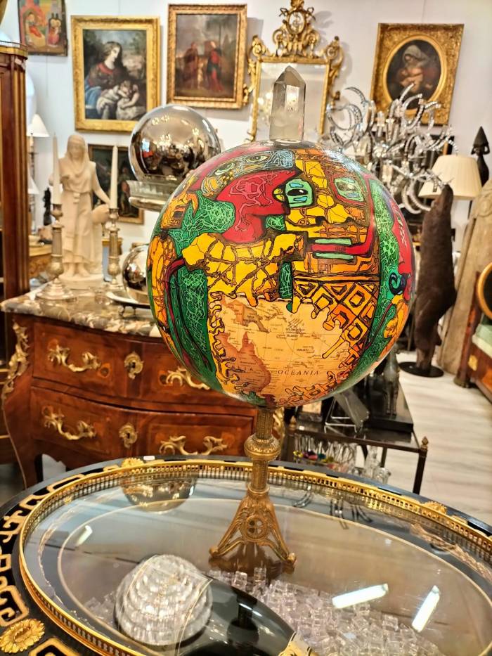Painted Globe with a Rock Crystal and a Base in Gilt Bronze