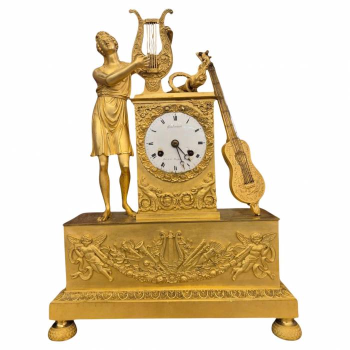 19th Century French Empire Clock in Gilt Bronze, Signed Grandvoinnet