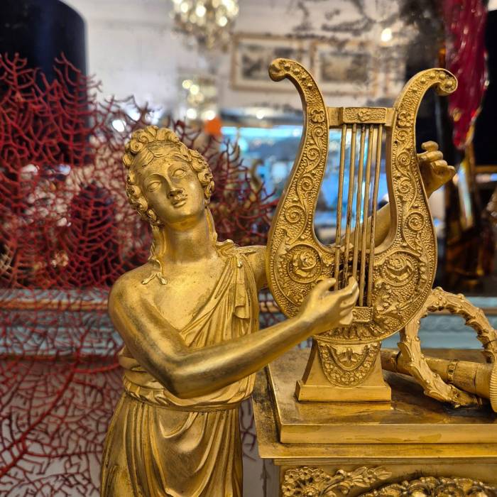 19th Century French Empire Clock in Gilt Bronze, Signed Grandvoinnet