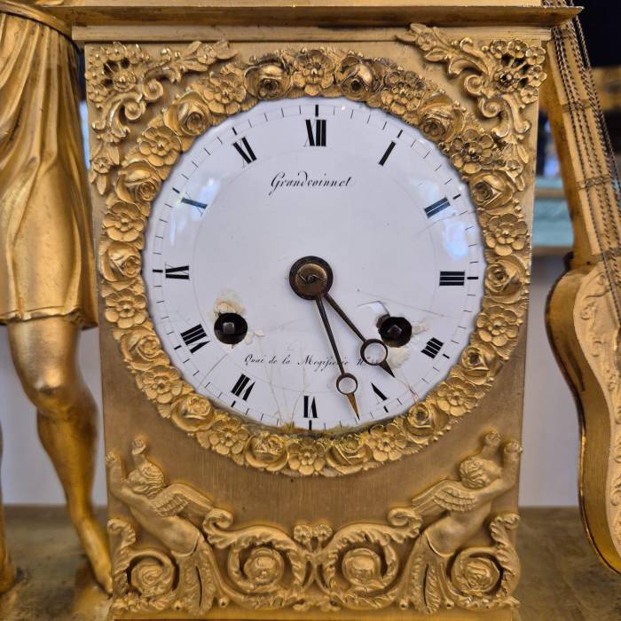 19th Century French Empire Clock in Gilt Bronze, Signed Grandvoinnet