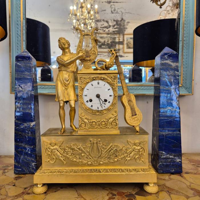 19th Century French Empire Clock in Gilt Bronze, Signed Grandvoinnet