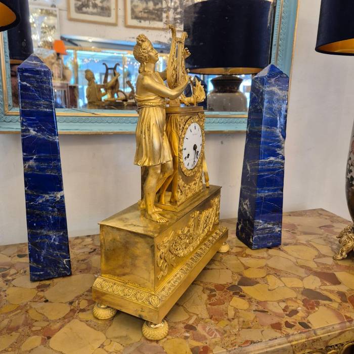 19th Century French Empire Clock in Gilt Bronze, Signed Grandvoinnet