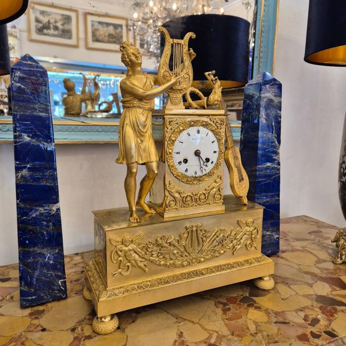 19th Century French Empire Clock in Gilt Bronze, Signed Grandvoinnet