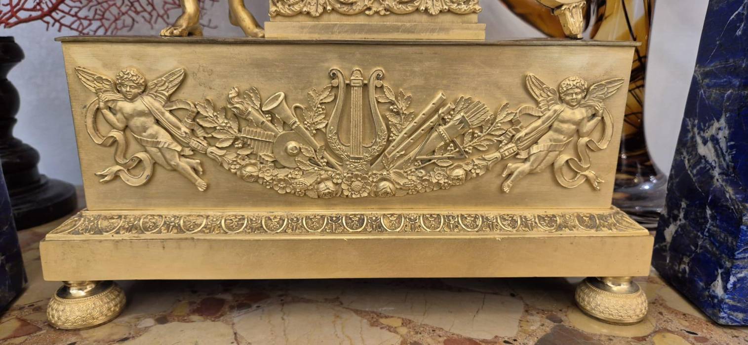 19th Century French Empire Clock in Gilt Bronze, Signed Grandvoinnet