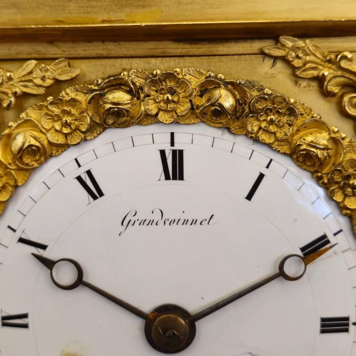 19th Century French Empire Clock in Gilt Bronze, Signed Grandvoinnet