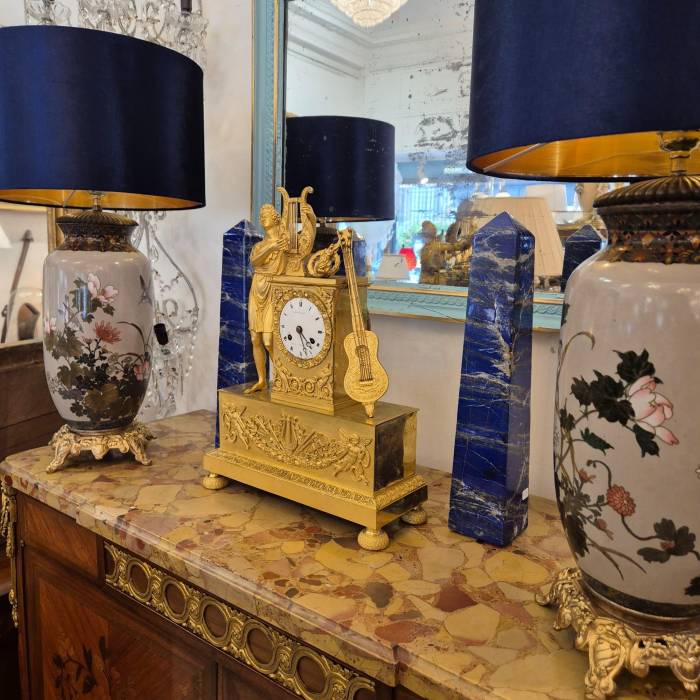 19th Century French Empire Clock in Gilt Bronze, Signed Grandvoinnet