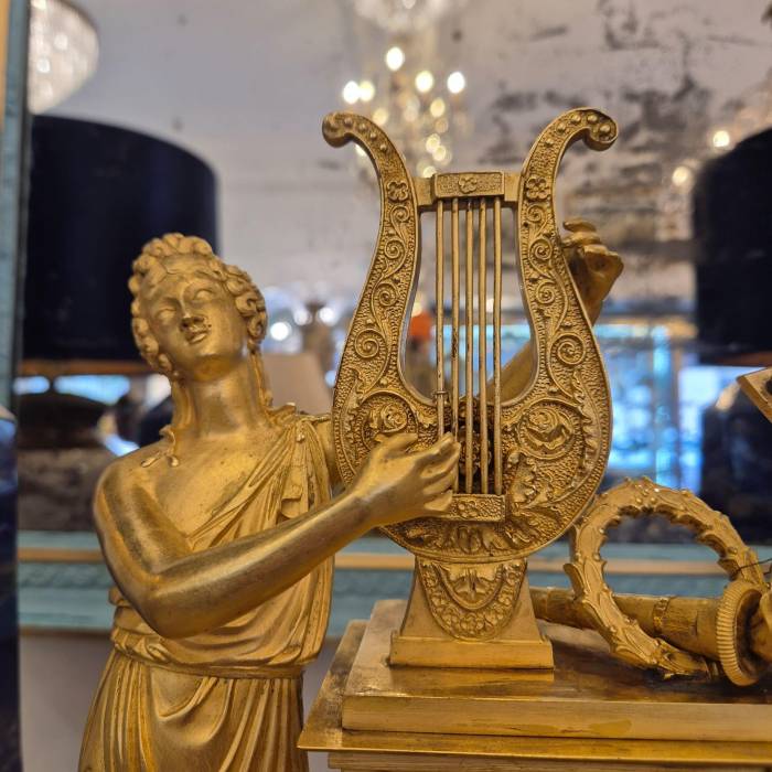 19th Century French Empire Clock in Gilt Bronze, Signed Grandvoinnet