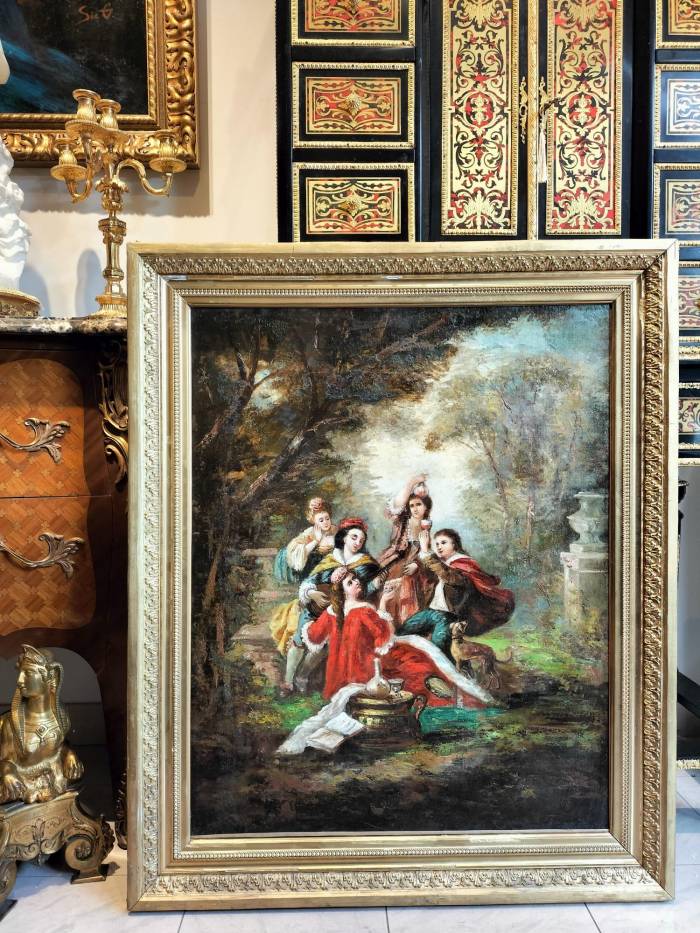 Large Oil-on-Canvas Painting of Aristocrats in a Lush Garden, 19th Century