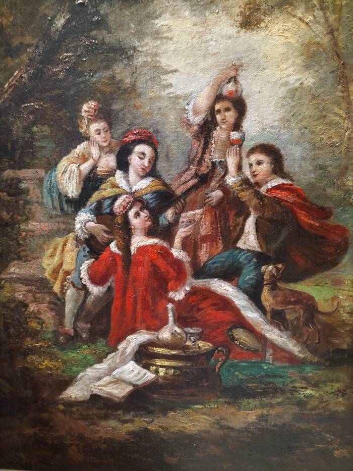 Large Oil-on-Canvas Painting of Aristocrats in a Lush Garden, 19th Century