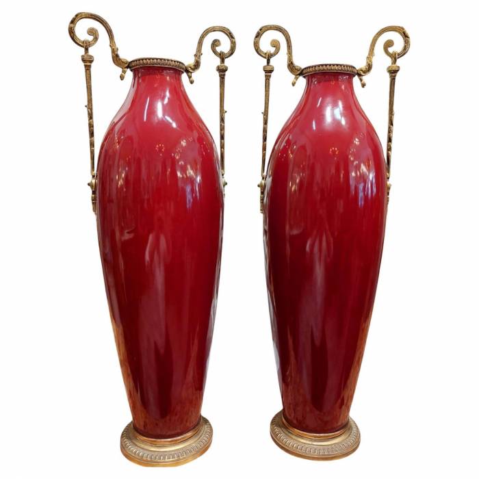 Pair of 19th Century Classical-Style Red Vases with Accents in Gilt Bronze
