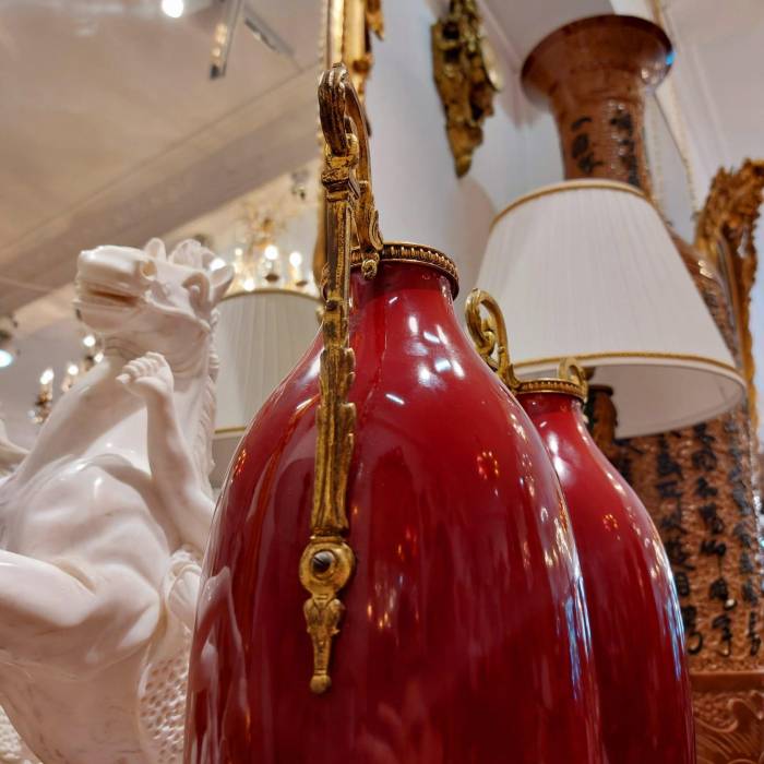 Pair of 19th Century Classical-Style Red Vases with Accents in Gilt Bronze