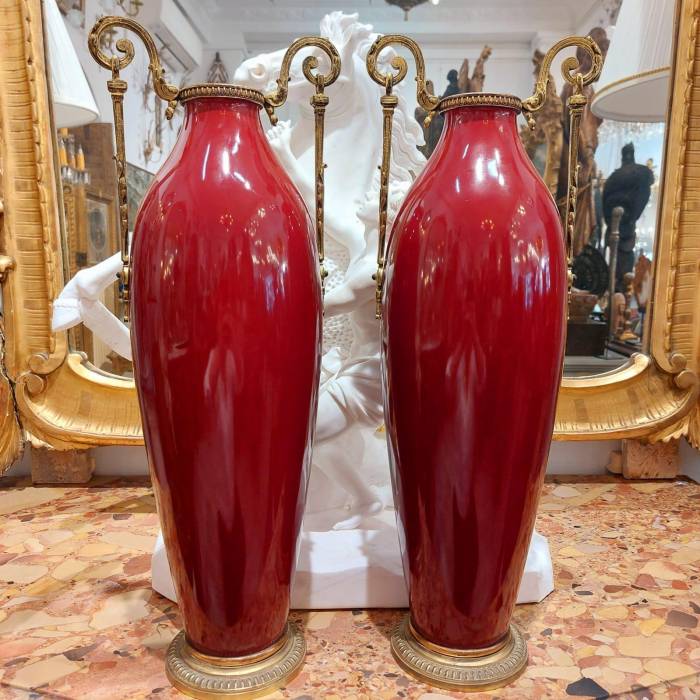 Pair of 19th Century Classical-Style Red Vases with Accents in Gilt Bronze