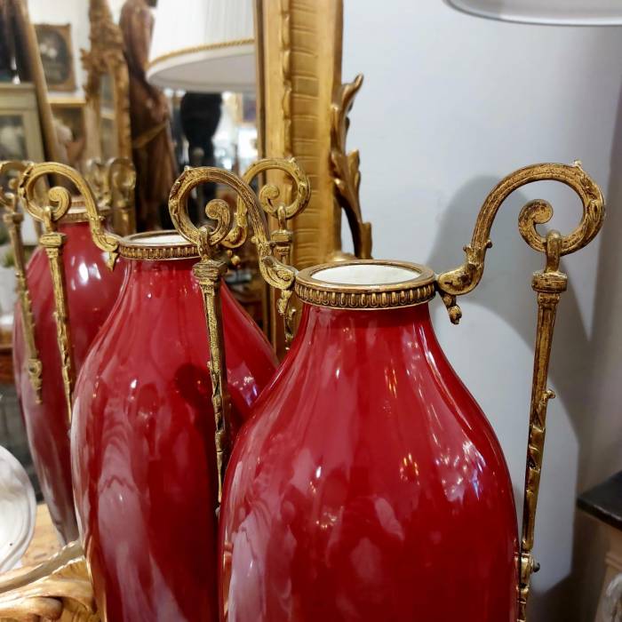 Pair of 19th Century Classical-Style Red Vases with Accents in Gilt Bronze