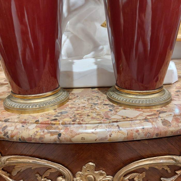 Pair of 19th Century Classical-Style Red Vases with Accents in Gilt Bronze